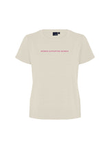 Amanda - Women supporting Women Jersey T-Shirt - Ivory fabric with Hot Pink Print